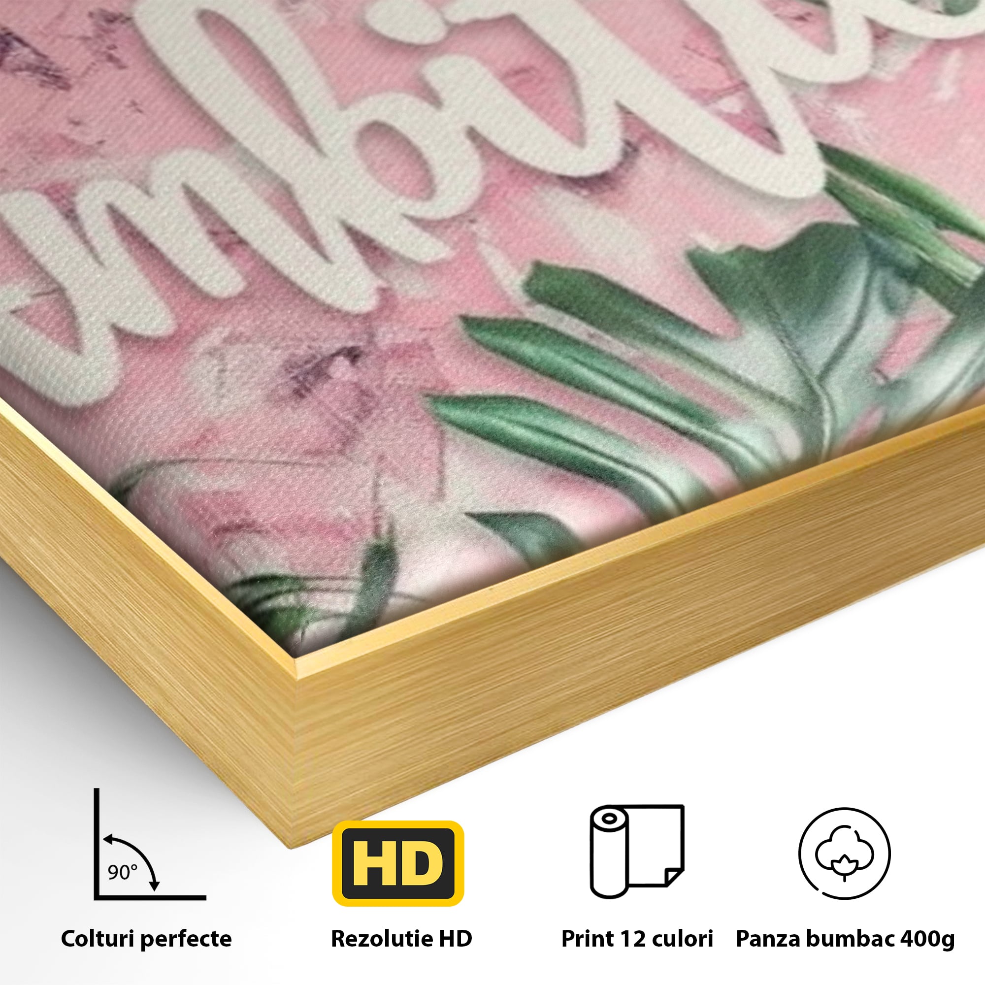 Detaliu al suprafetei: tablou canvas cu frunze tropicale si text, in rama de aluminiu auriu